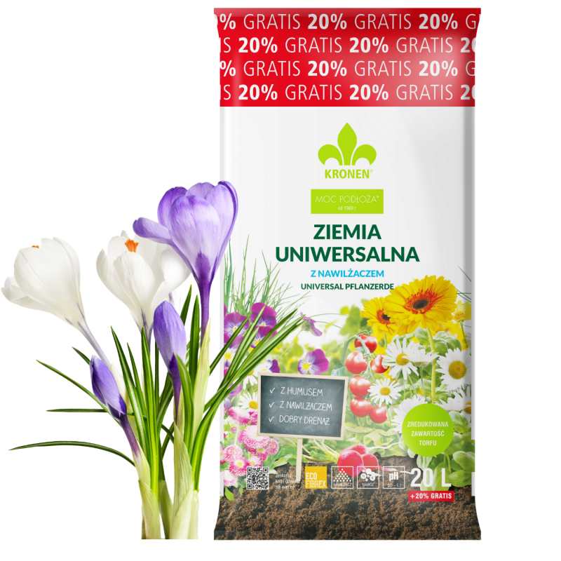 ZIEMIA UNIWERSALNA Z NAWOZEM I NAWILŻACZEM DO ROŚLIN OGRODOWYCH BALKONOWYCH 20L+20% KRONEN